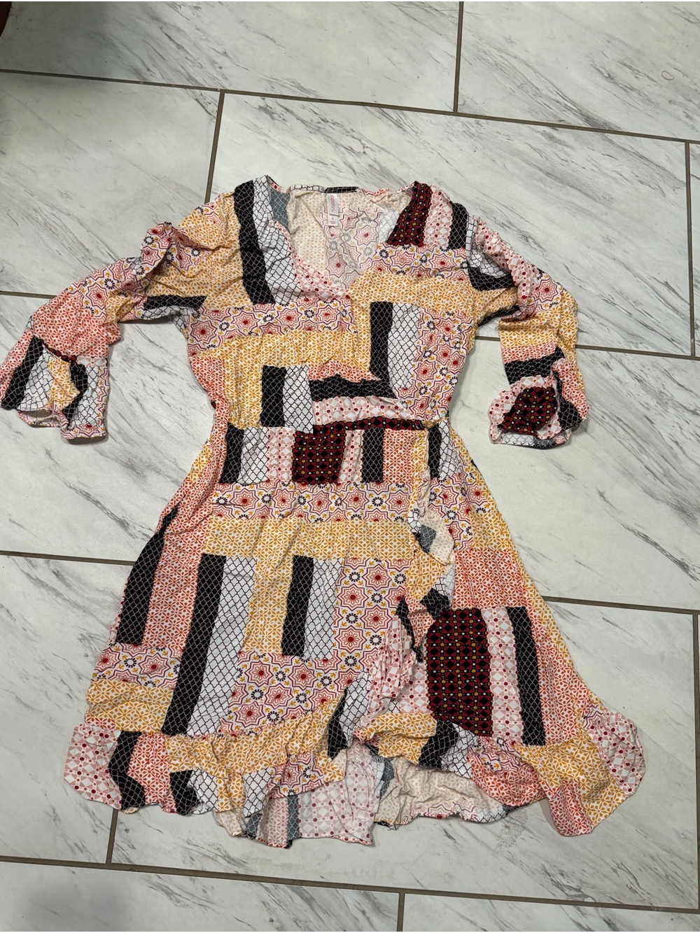Xhilaration Patchwork Wrap Dress in Peach, Mustard, Black & Cream